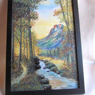 Framed Vintage 1930s Signed Joe Stanek Paint on Enamel Panel of Stunning Mountain and River Scene 