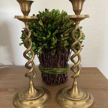 Pair Brass 10 Inch Twisted Candle Holders Candlesticks 