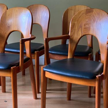Set of six Koefoeds Hornslet Danish MORTEN solid teak dining chairs in black leather 