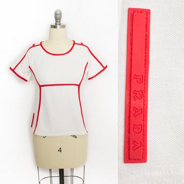 Vintage 1990s Prada Top - White Red Stripe Knit T-Shirt Tee 90s - Small 