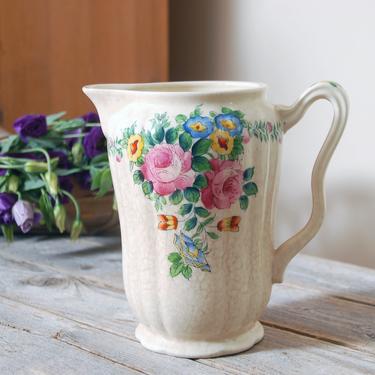 Hand painted Mikori Ware pitcher / Japanese pottery / large floral pitcher / cottagecore / cottage decor / shabby chic/ vintage vase 