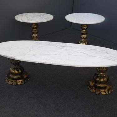 Hollywood Regency White Marble and Gold Coffee Table and Two End Tables 