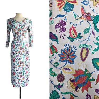 Vintage 80s floral silk acetate dress| whimsical botanical print| butterflies &amp; exotic plants| large bow sash 