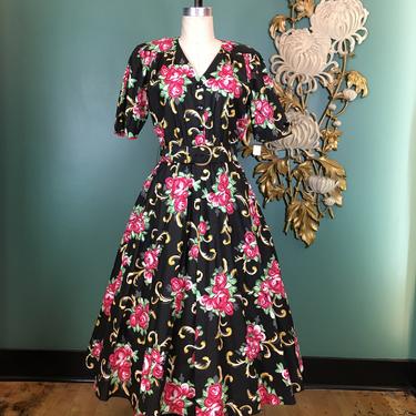 1980s dress, fit and flare, vintage 80s dress, black floral cotton, puff sleeves, full skirt, 1950s style dress, oops california, medium, 28 