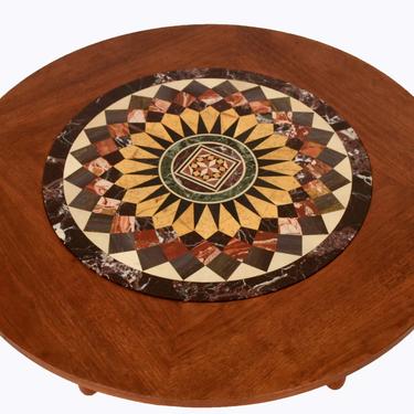 Teak Coffee Table Marble Mosaic Mariners Compass Round Cocktail Table Danish Modern 