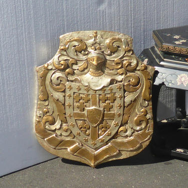 Vintage Medieval Style Gold w Silver Coat of Arms Plaque 