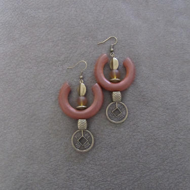 Large wooden earrings, big geometric earrings, modern earrings, Asian coin earrings,  unique earrings, statement earrings, antique bronze 