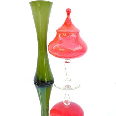 14” Cased Green + White Art Glass  Lindshammar|JC “Waisted” Vase | Mid-Century Modernist/Minimalist Scandinavian Art Glass Vessel 