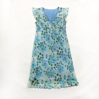 90s Blue and Green Floral Midi Dress / Beaded / Bias Cut / Textured / Sheer Overlay / Size 16 / y2k / Fluttery / 00s / Millenium / Lizzie 
