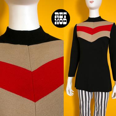 Incredible Mod Vintage 60s Black Tan Red Italian Wool Long Tunic Ski Sweater 