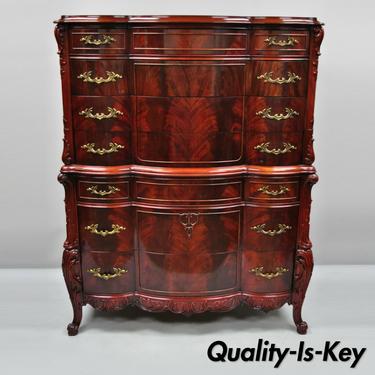Antique Flame Mahogany Tall Chest Dresser Serpentine Carved "Swan" French Style