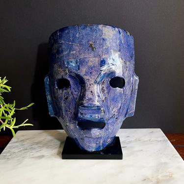 Vintage Mask Face Sculpture, Figurine, Shelf Decor -  Dark Blue, Studio Pottery, South American, Lapis Lazuli, Unique, Home Decor, Boho Art 