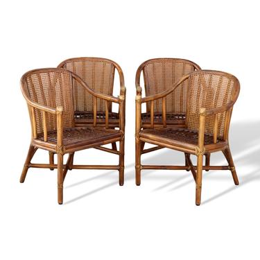 Set of Four McGuire Rattan Cane Barrel Back Dining Chairs 