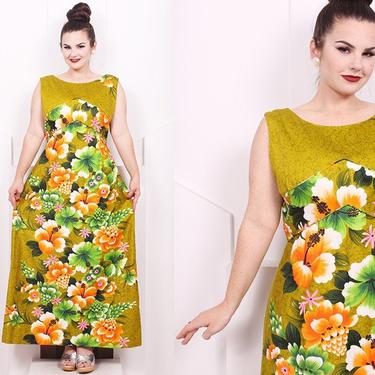 Vintage 1960's Psychedelic Hawaiian Maxi Dress • 60's Olive Floral Dress • Size L/XL 