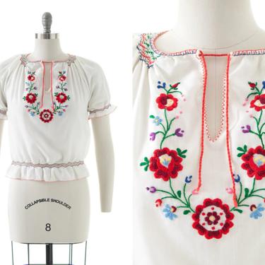 Vintage 1970s Peasant Top | 70s Floral Embroidered Hungarian White Cotton Puff Sleeve Cropped Blouse (medium) 