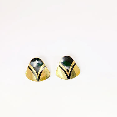 Vintage 80's Art Deco Style Black and Gold Asymmetric Post Earrings 