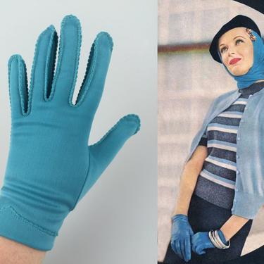 Now That She Had Thought About It.... - Vintage 1950s NOS Cerulean Blue Nylon Short Gloves - 6 1/2 to 7 