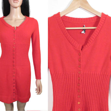 Vintage 60s Mod Girl Bright Red Button Front Ribbed Knit Mini Sweater Dress Size S 