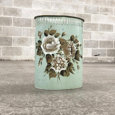 Vintage Trash Can Retro 1960s Metal Waste Basket Bin Mint Color + White + Hand Painted + Floral + Flowers + Nashco Products + Home Decor 