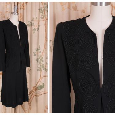 1940s Set - The Anaire Set - Stylish Vintage Late 30s/ Early 40s Black Rayon Ensemble with Soutache Blouse 