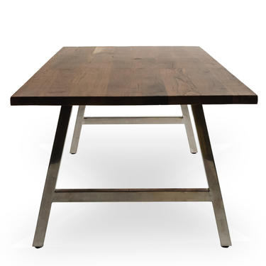 Walnut Wood Conference Table with reclaimed wood top and brushed stainless steel A frame legs in Oil Finish 