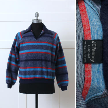 vintage 1970s mens velour shirt • blue striped fuzzy fleece pullover with big collar •  70s 80s vintage JC Penney 