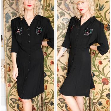 Late 1930s Dress // Sequin Pocket Rayon Crepe Dress // vintage late 30s dress 