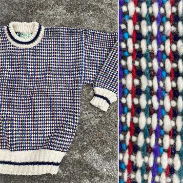 VTG Chunky Wool sweater~ thick warm cozy large oversized Unisex style~ preppy Colorful micro checker board weave~ size XLG 