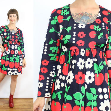 Vintage 70's Apple and Floral Mini Dress / 1970's Apple Print Long Sleeve Fall Dress / Women's Size Small 