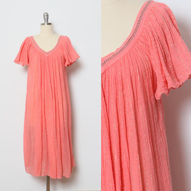 1970s Dress Gauze Cotton Semi-Sheer Lame Boho S 