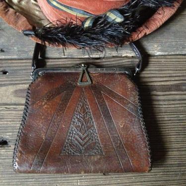 Edwardian Leather Handbag Art Nouveau Arts & Crafts Chatelaine Style Leather Handbag 