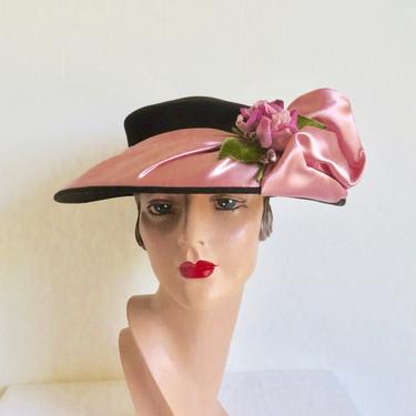 Vintage 1940's Black Felt Brimmed Hat with Pink Satin Sash Bow Velvet Roses Leaves Formal 40's Millinery WW2 Era Ritz Merrimac 
