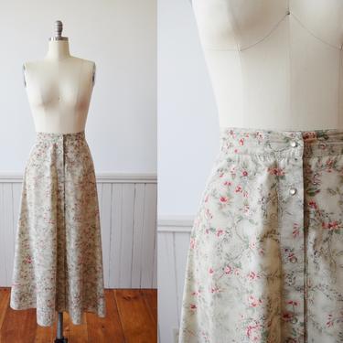 Vintage Ralph Lauren Floral Print Skirt | 1990s RL Cotton Midi Prairie Skirt with Button Front | L 