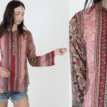 Vintage 70s Indian Gauze Top / India Floral Bell Sleeve Blouse / Womens Cotton Pakistan Boho Festival Tunic 