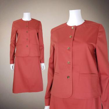 Vintage 70s Skirt Suit, Medium / Terracotta Two Piece Skirt Set / Boxy Jacket and Pencil Skirt Ensemble / 1970s Secretary Suit with Pockets 