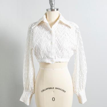 1970s Blouse Lace Cropped Tie Top XS 