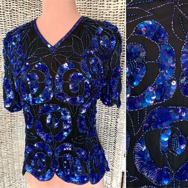 FABULOUS Sequin Top, Beaded, All Over Beads Sequins, Blue, Black, Vintage 80s 90s 