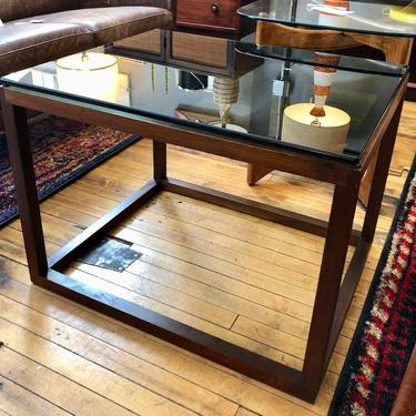 Vintage Cube Style side table w/walnut frame &amp; smokey glass top 1960’s