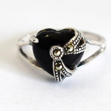 80's CW Charles Winston 925 sterling silver black onyx marcasite size 6.75 romantic Art Deco style heart & ribbon ring 