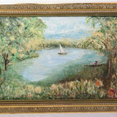 VTG Unsigned SAILBOAT &amp; FISHING ON A LAKE TEXTURED OIL PAINTING Gold Wood Frame