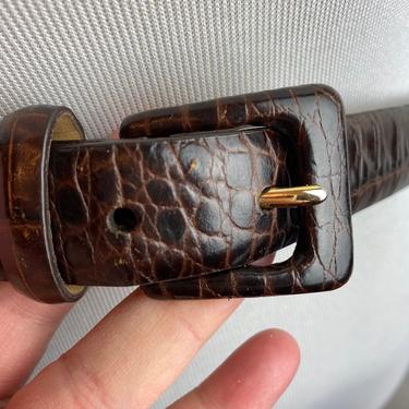 90’s brown leather belt~ embossed~ alligator croc look boho stylish women’s belts vintage 1990’s XLG size  33”-37” waist 