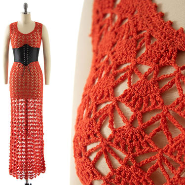 Vintage 1970s Maxi Dress | 70s Orange Crochet See Through Sheer Full Length Knit Bohemian Gown (x-small/small) 