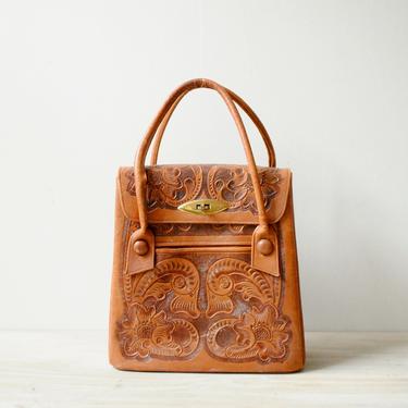 Vintage Tooled Leather Bag, Leather Purse, Mexican Tooled Leather Bag, Leather Handbag, Flores' Bags Brown Leather Purse 