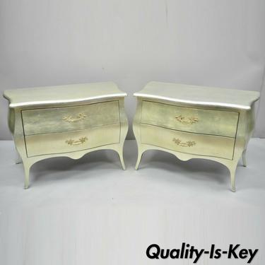 Pair Louis XV French Hollywood Regency Silver Bombe Commode Nightstands Jimeco
