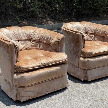 Hollywood Regency Swivel Button Tufted Tub Chairs in Cocoa - a Pair 