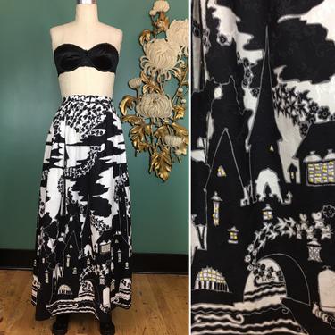 1960s maxi skirt, Saks fifth avenue, vintage 60s skirt, novelty print, Black and white cotton, High waist, haunted house, full length, 26 27 