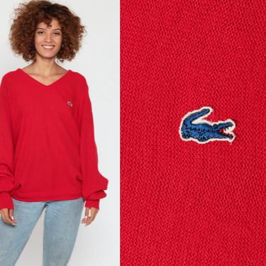 Izod LACOSTE Sweater 80s Red V Neck Slouchy Pullover Jumper Knit Vintage 1980s Preppy Crocodile Oversized Retro Medium Large 