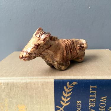 Rustic art pottery laying donkey - vintage ceramic animal 