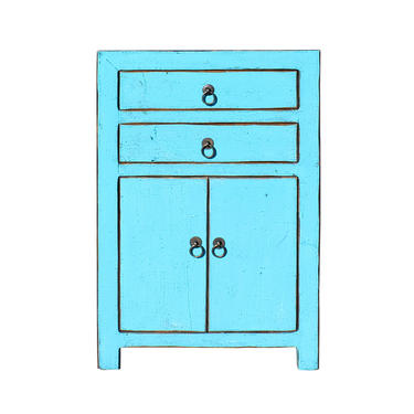 Distressed Pastel Blue Lacquer Two Drawers End Table Nightstand cs5394E 