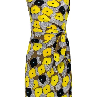 Diane von Furstenberg - Yellow & Multicolor Printed Silk Sheath Dress w/ Tie Sz 4